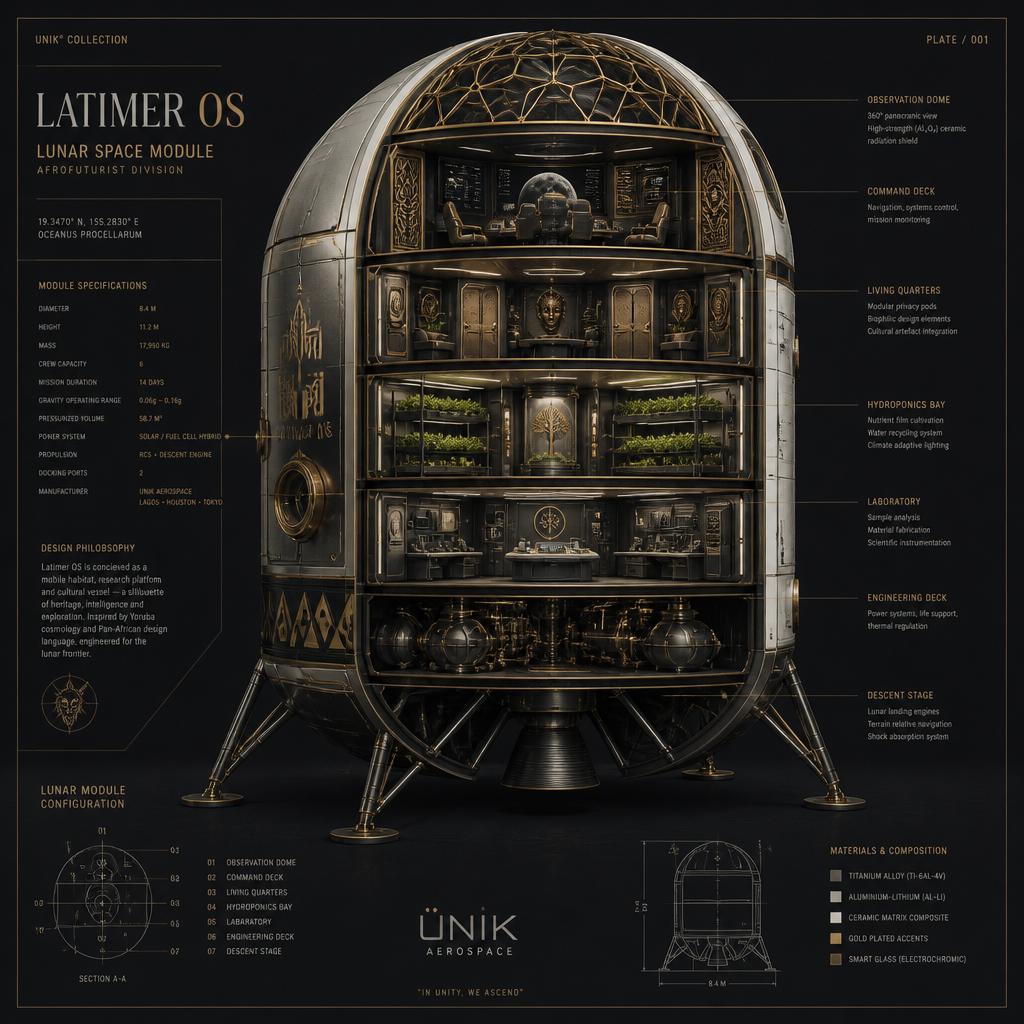 Latimer OS — Afrofuturist lunar space module cutaway schematic showing observation dome, command deck, living quarters, hydroponics bay, laboratory, engineering deck, and descent stage.